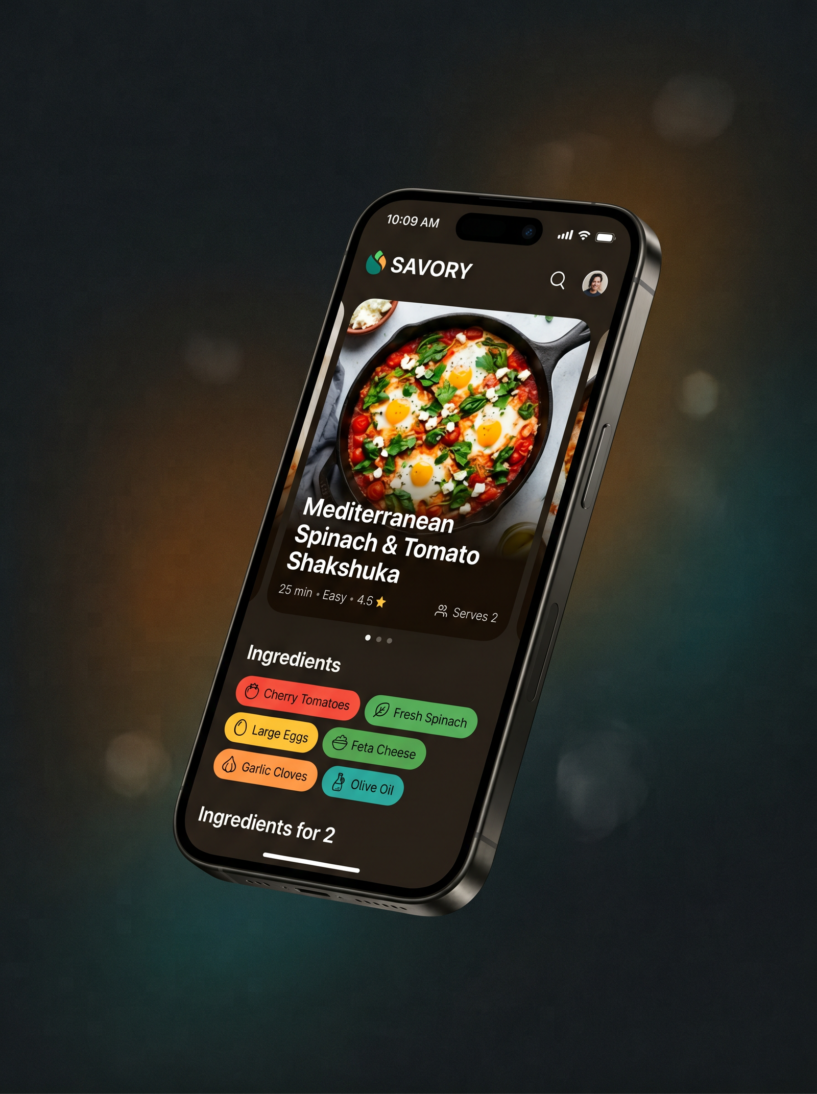 SousIam app showing a recipe card for Mediterranean Shakshuka with ingredient chips